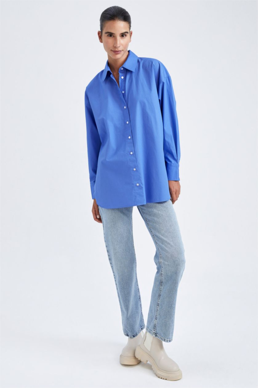 FEMME Bleu Tunique À Manches Longues En Popeline À Col Chemise Coupe Oversize