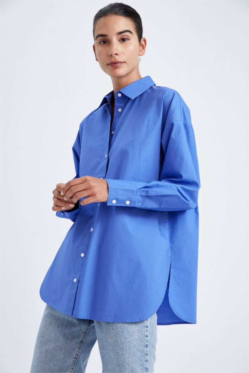 FEMME Bleu Tunique À Manches Longues En Popeline À Col Chemise Coupe Oversize