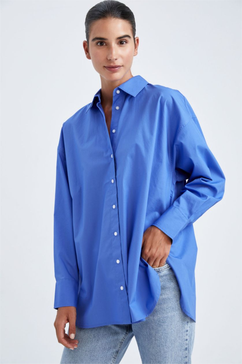FEMME Bleu Tunique À Manches Longues En Popeline À Col Chemise Coupe Oversize