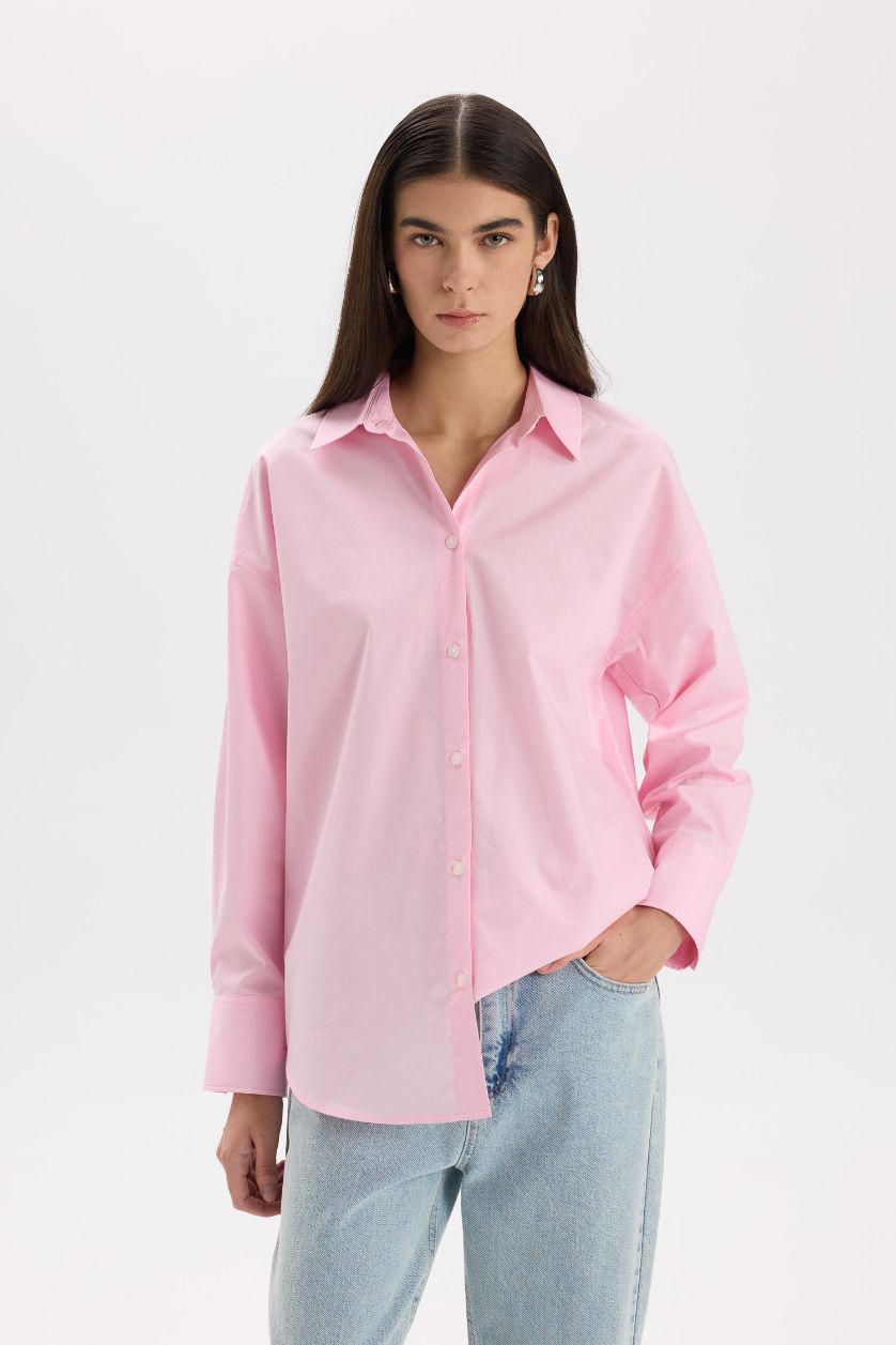 Woman Light Pink Oversize Fit Shirt Collar Poplin Long Sleeve Shirt