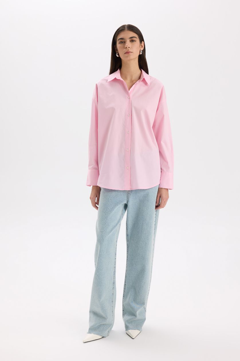 Woman Light Pink Oversize Fit Shirt Collar Poplin Long Sleeve Shirt
