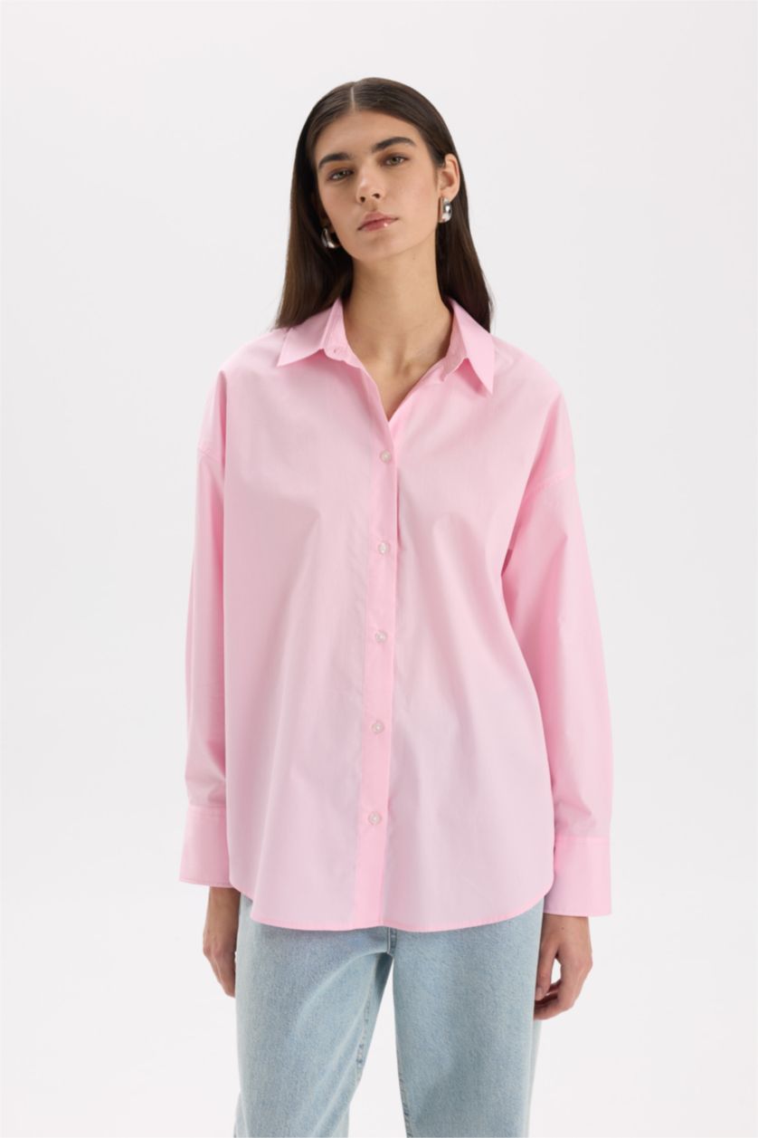 Woman Light Pink Oversize Fit Shirt Collar Poplin Long Sleeve Shirt