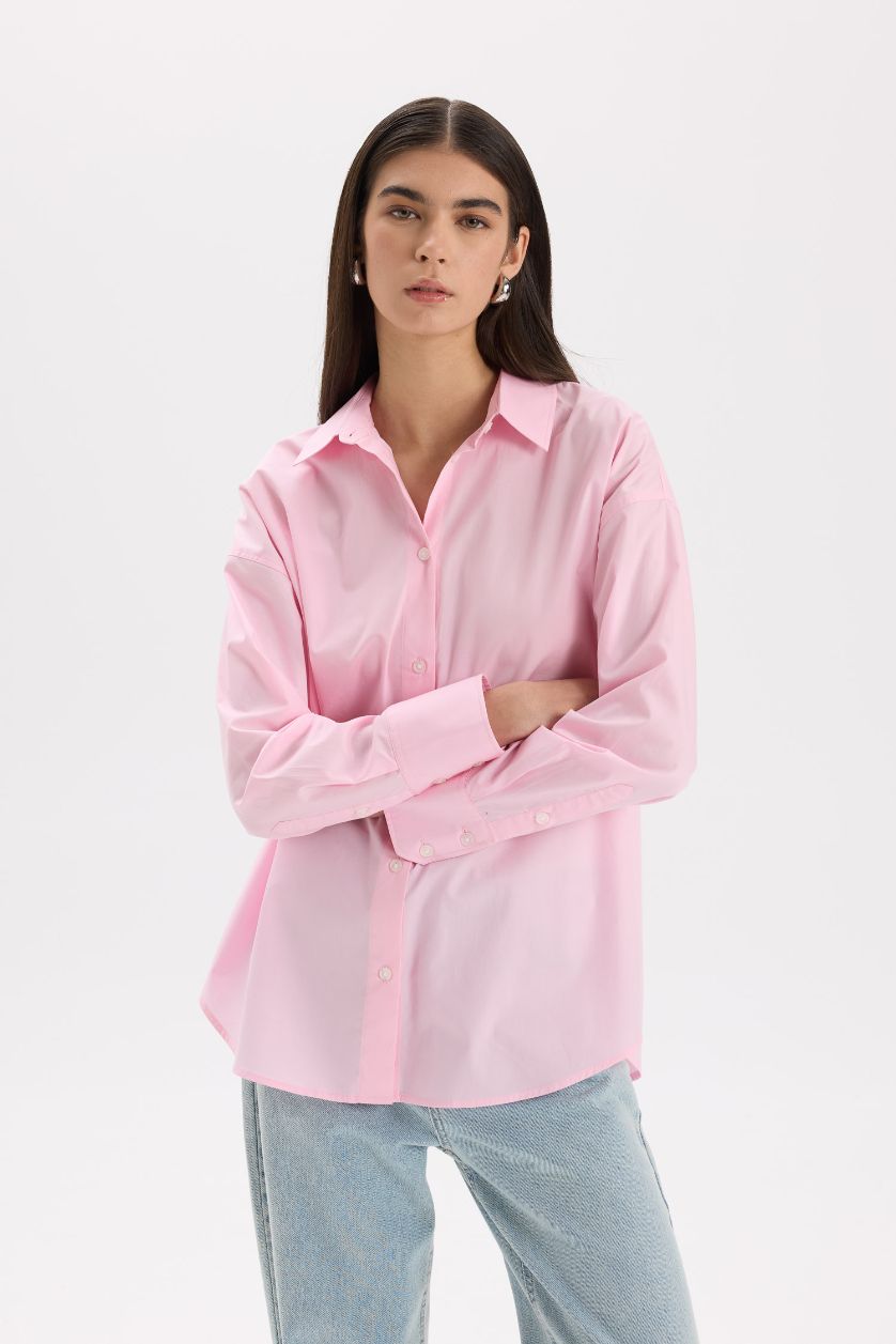 Woman Light Pink Oversize Fit Shirt Collar Poplin Long Sleeve Shirt