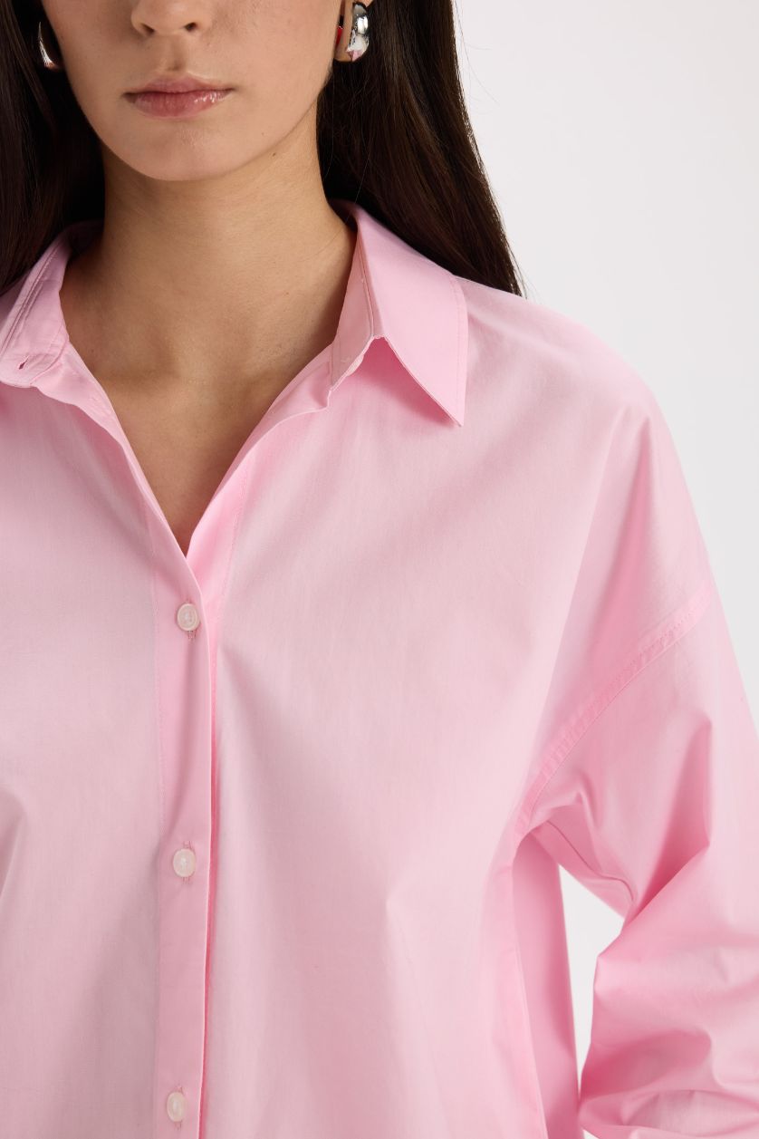 Woman Light Pink Oversize Fit Shirt Collar Poplin Long Sleeve Shirt
