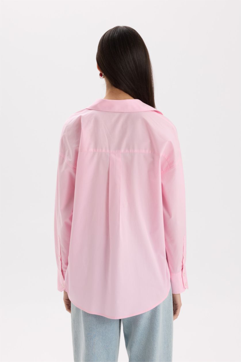 Woman Light Pink Oversize Fit Shirt Collar Poplin Long Sleeve Shirt