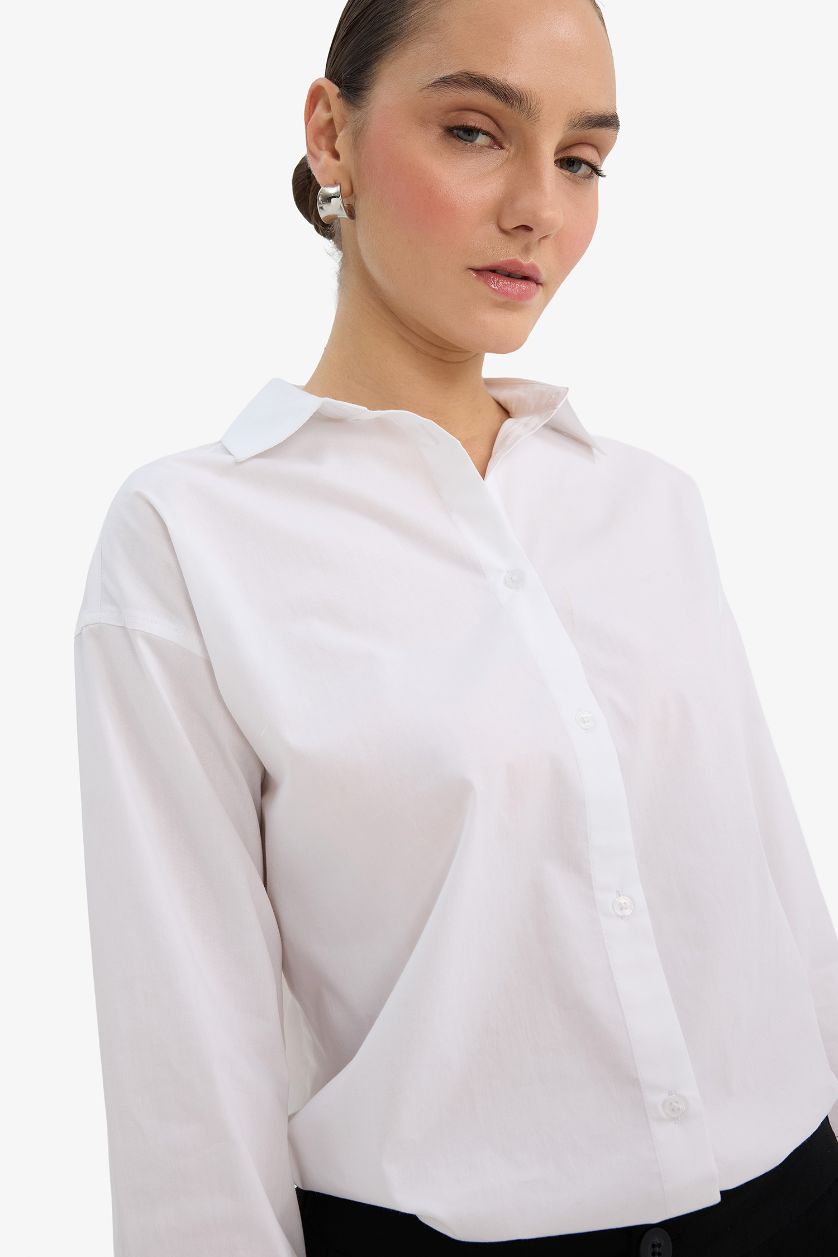 Woman White Oversize Fit Shirt Collar Poplin Long Sleeve Shirt