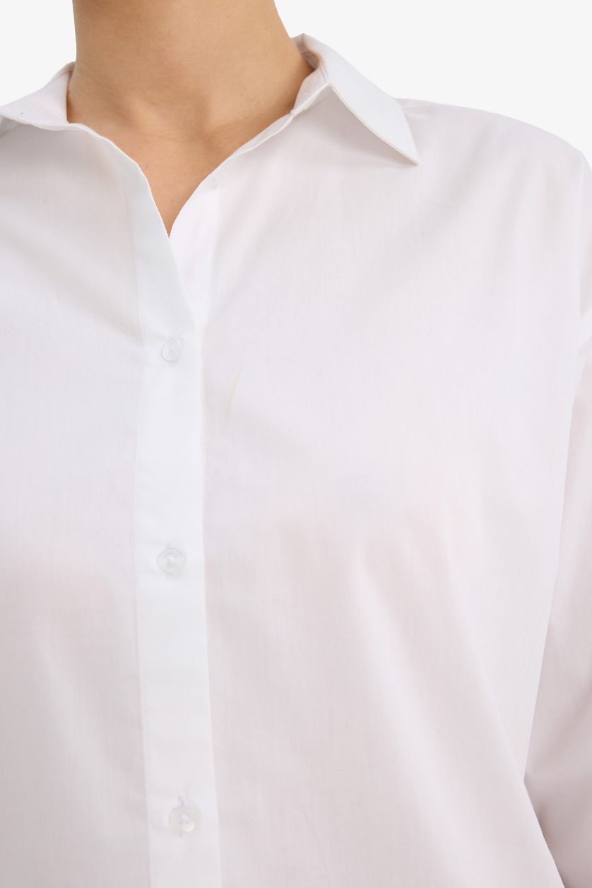 Woman White Oversize Fit Shirt Collar Poplin Long Sleeve Shirt