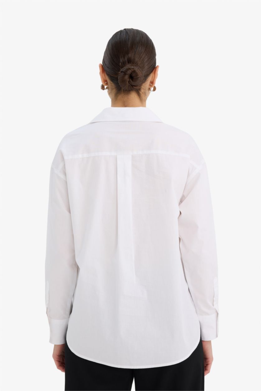 Woman White Oversize Fit Shirt Collar Poplin Long Sleeve Shirt