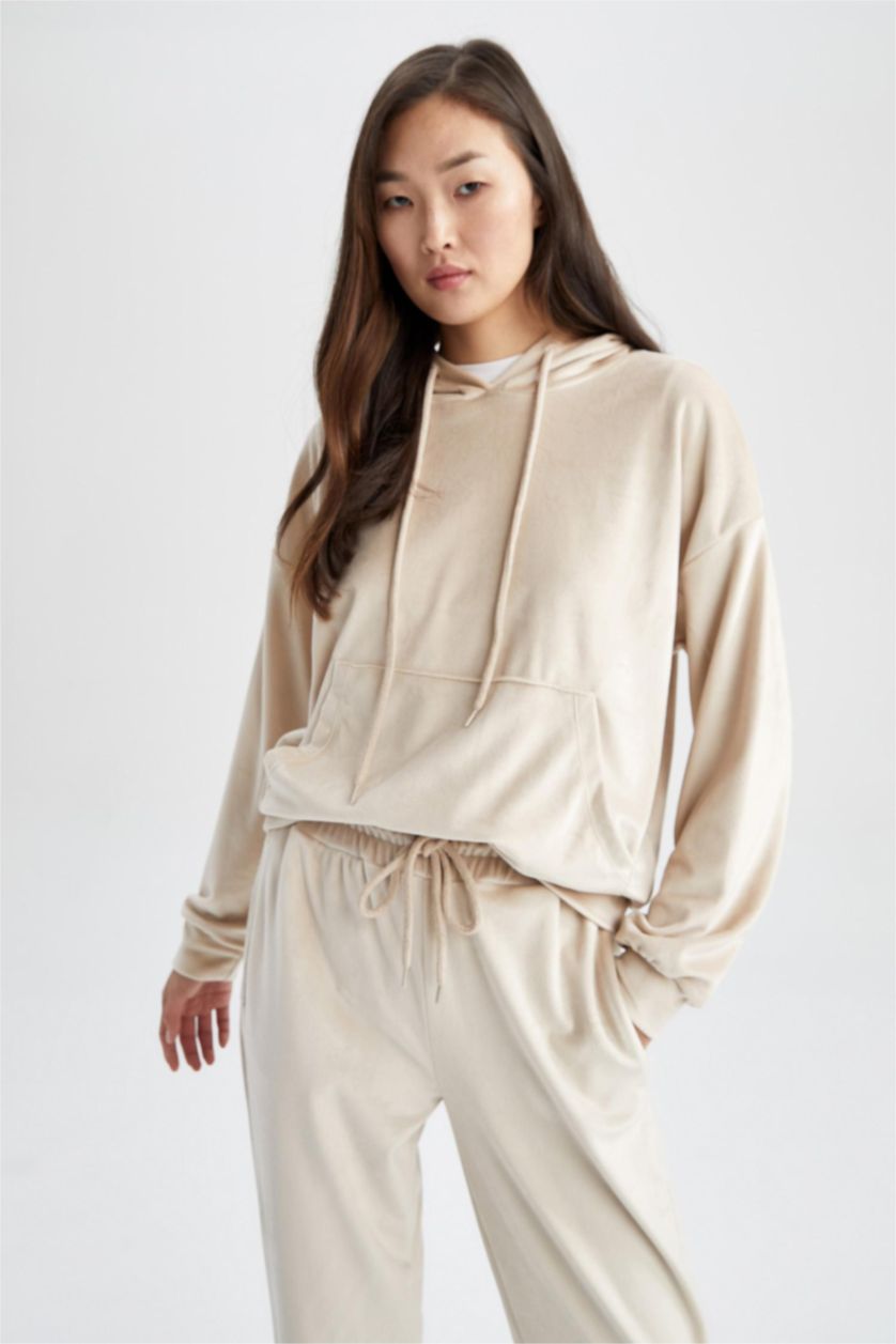 WOMAN Vison Regular Fit Hooded Basic Velvet Sweatshirt