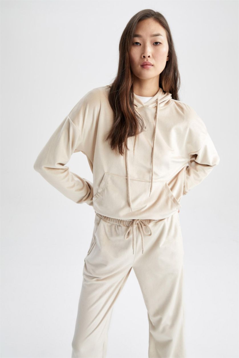 WOMAN Vison Regular Fit Hooded Basic Velvet Sweatshirt