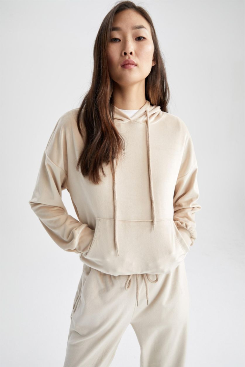 WOMAN Vison Regular Fit Hooded Basic Velvet Sweatshirt