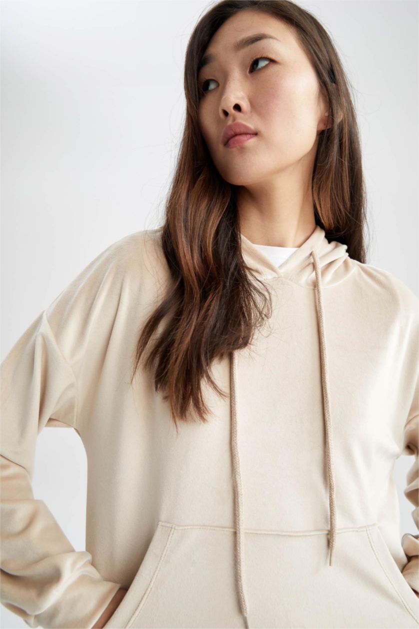 WOMAN Vison Regular Fit Hooded Basic Velvet Sweatshirt