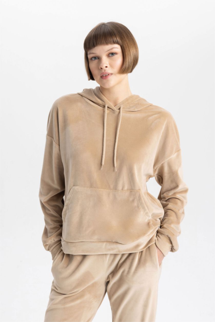 WOMAN Beige Regular Fit Hooded Basic Velvet Sweatshirt