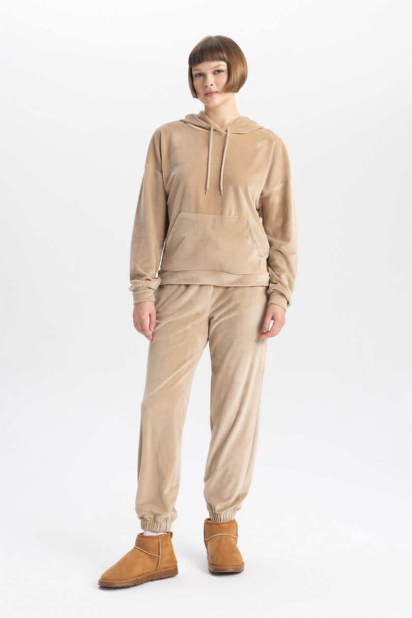 WOMAN Beige Regular Fit Hooded Basic Velvet Sweatshirt