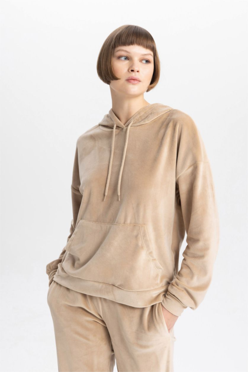 WOMAN Beige Regular Fit Hooded Basic Velvet Sweatshirt