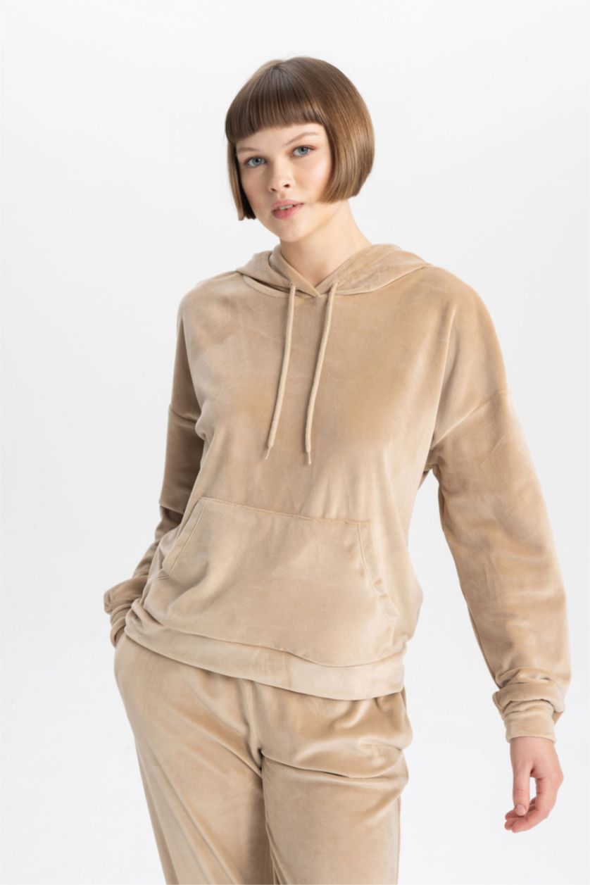 WOMAN Beige Regular Fit Hooded Basic Velvet Sweatshirt