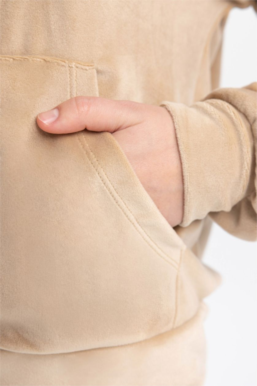 WOMAN Beige Regular Fit Hooded Basic Velvet Sweatshirt