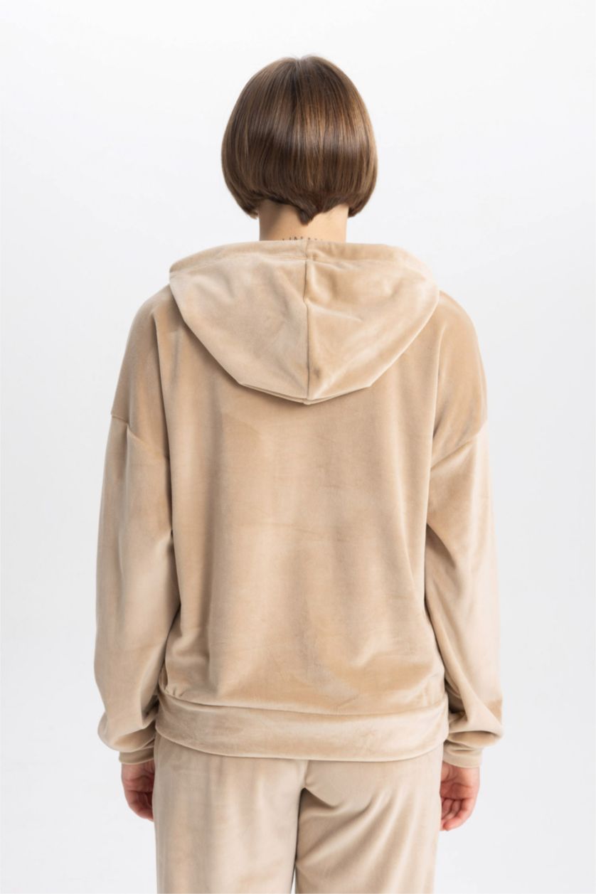 WOMAN Beige Regular Fit Hooded Basic Velvet Sweatshirt