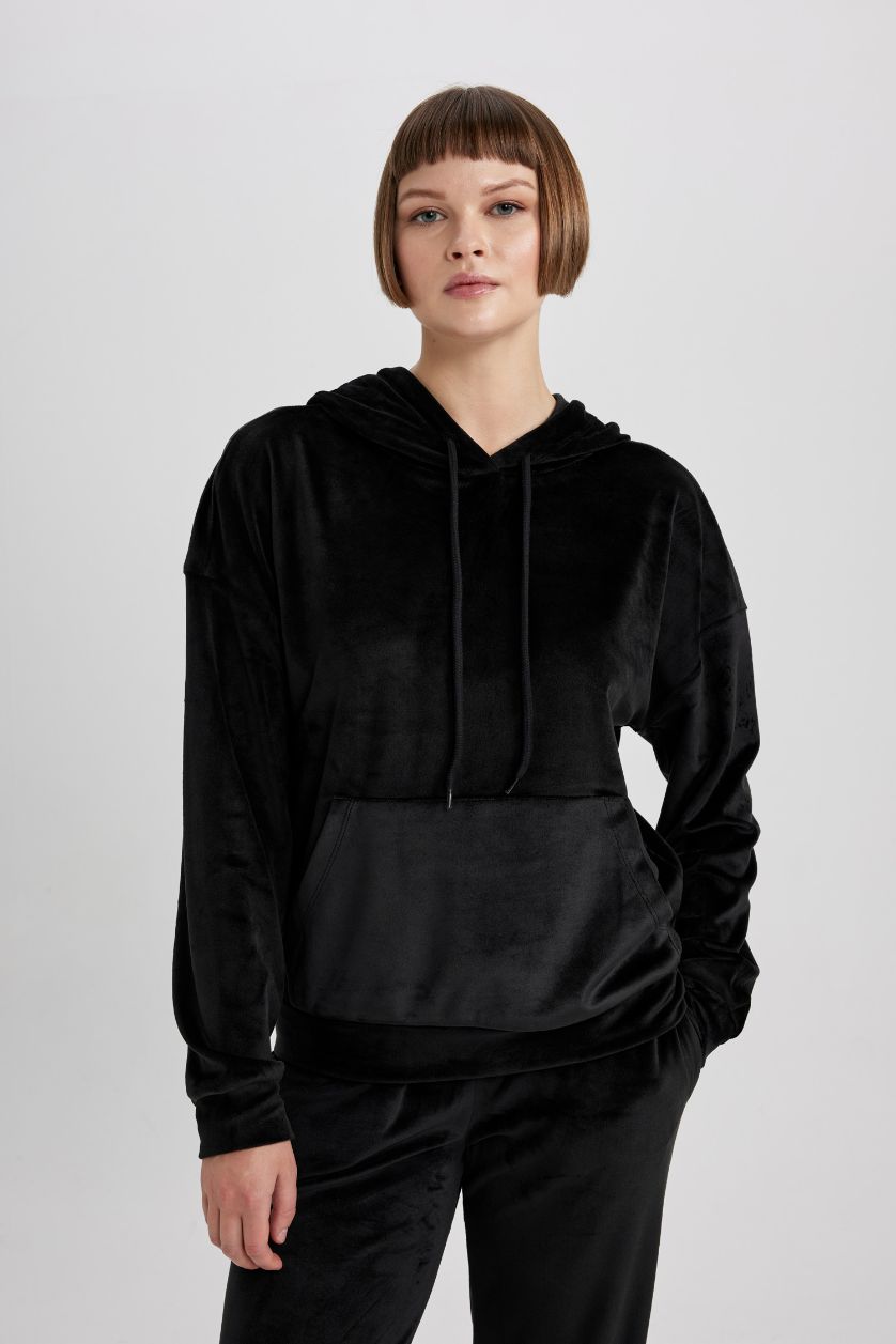 FEMME Noir Sweat- Shirt Coupe Régulière À capuche Manche Longue Avec Poche