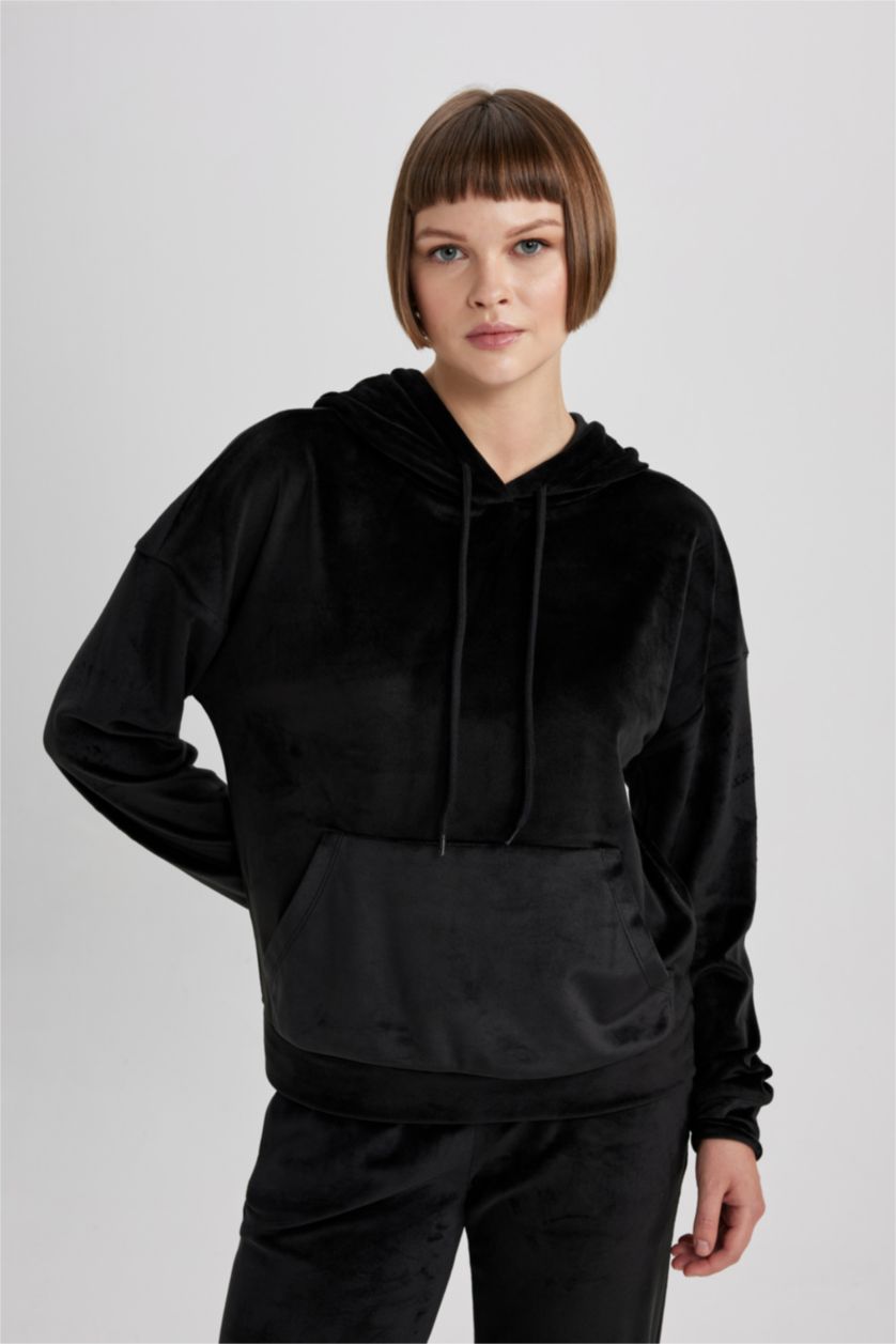 FEMME Noir Sweat- Shirt Coupe Régulière À capuche Manche Longue Avec Poche