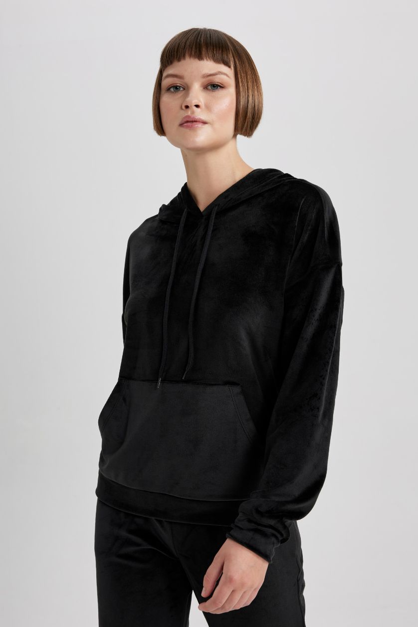 FEMME Noir Sweat- Shirt Coupe Régulière À capuche Manche Longue Avec Poche