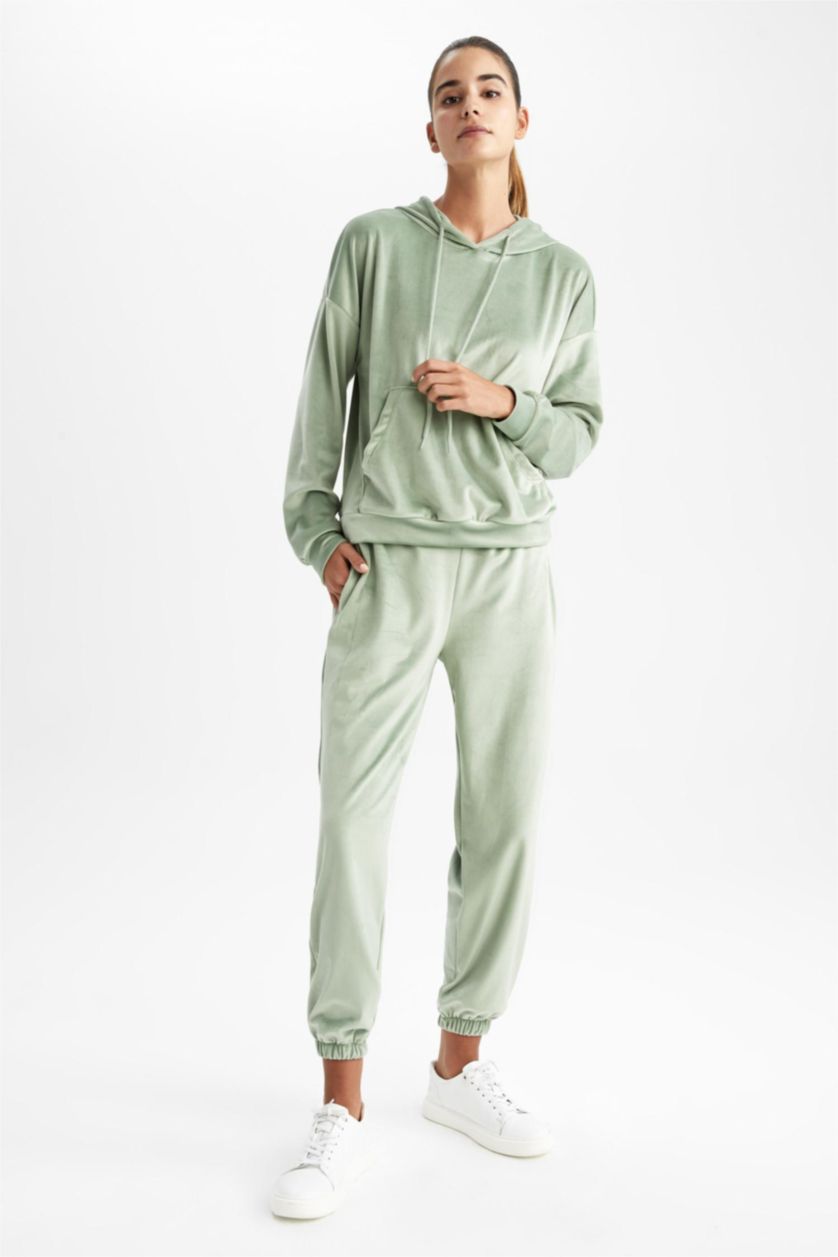 Kadın Açık Yeşil Jogger Fıt Kadife Pantolon