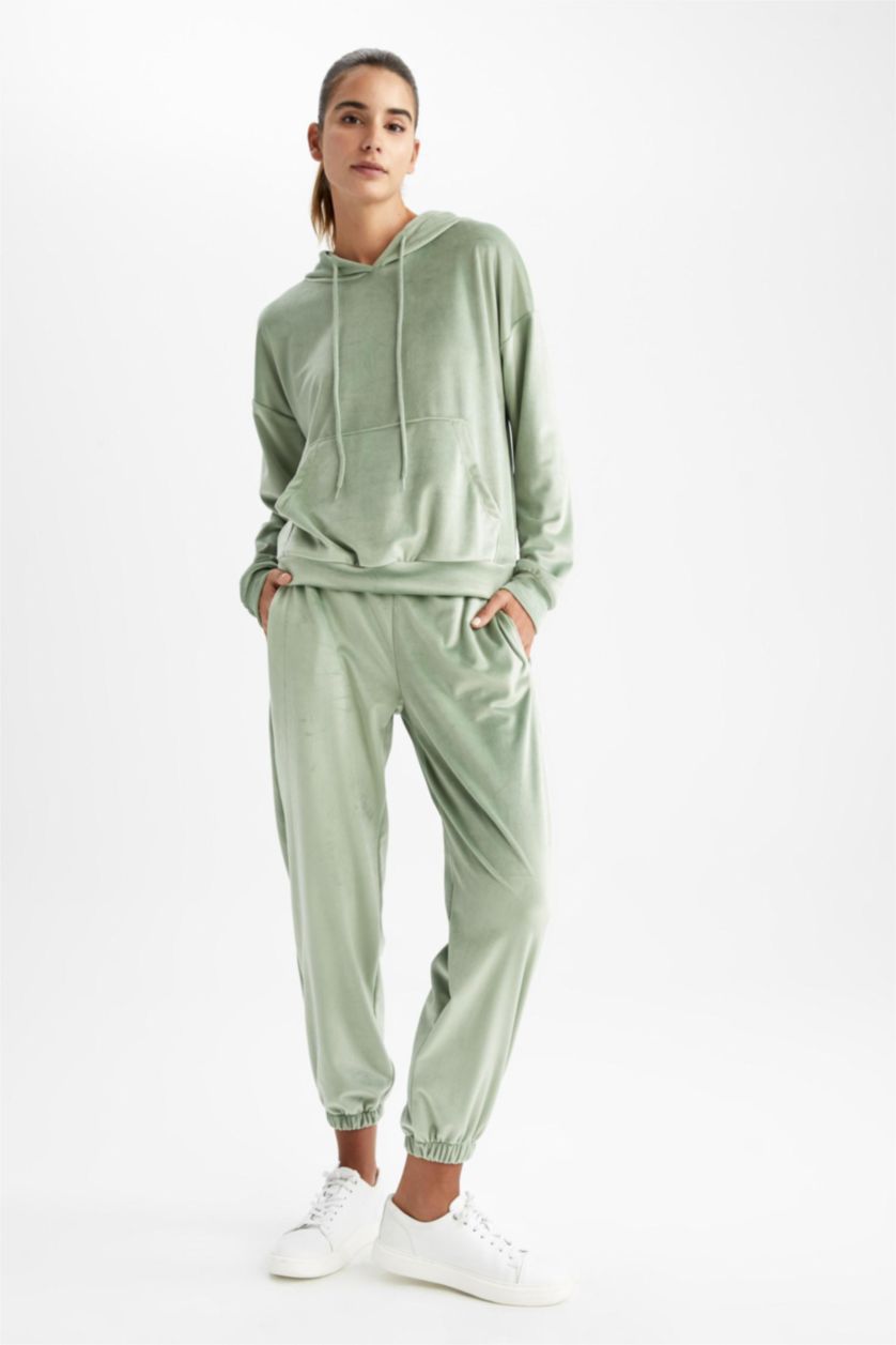 Kadın Açık Yeşil Jogger Fıt Kadife Pantolon