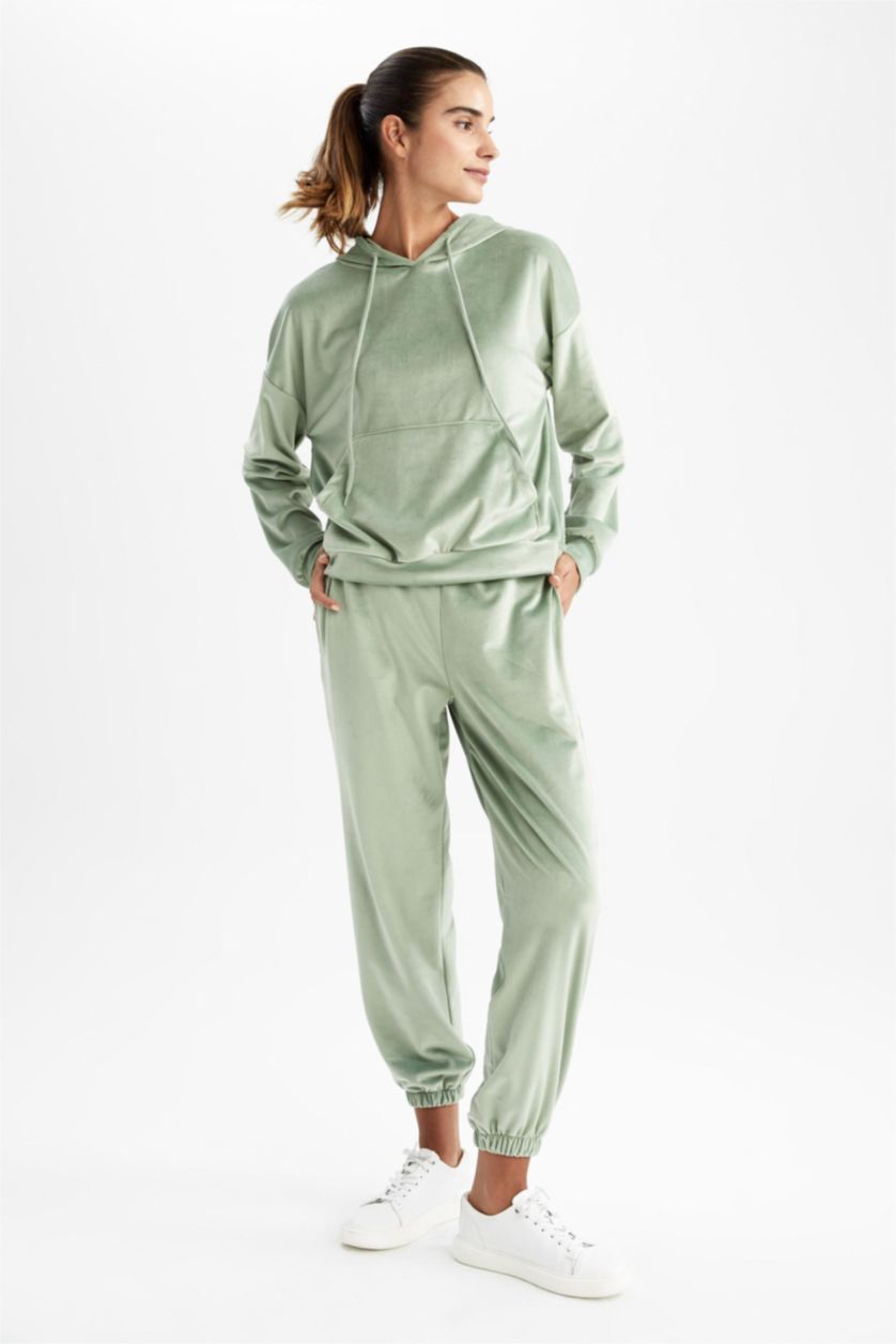 Kadın Açık Yeşil Jogger Fıt Kadife Pantolon