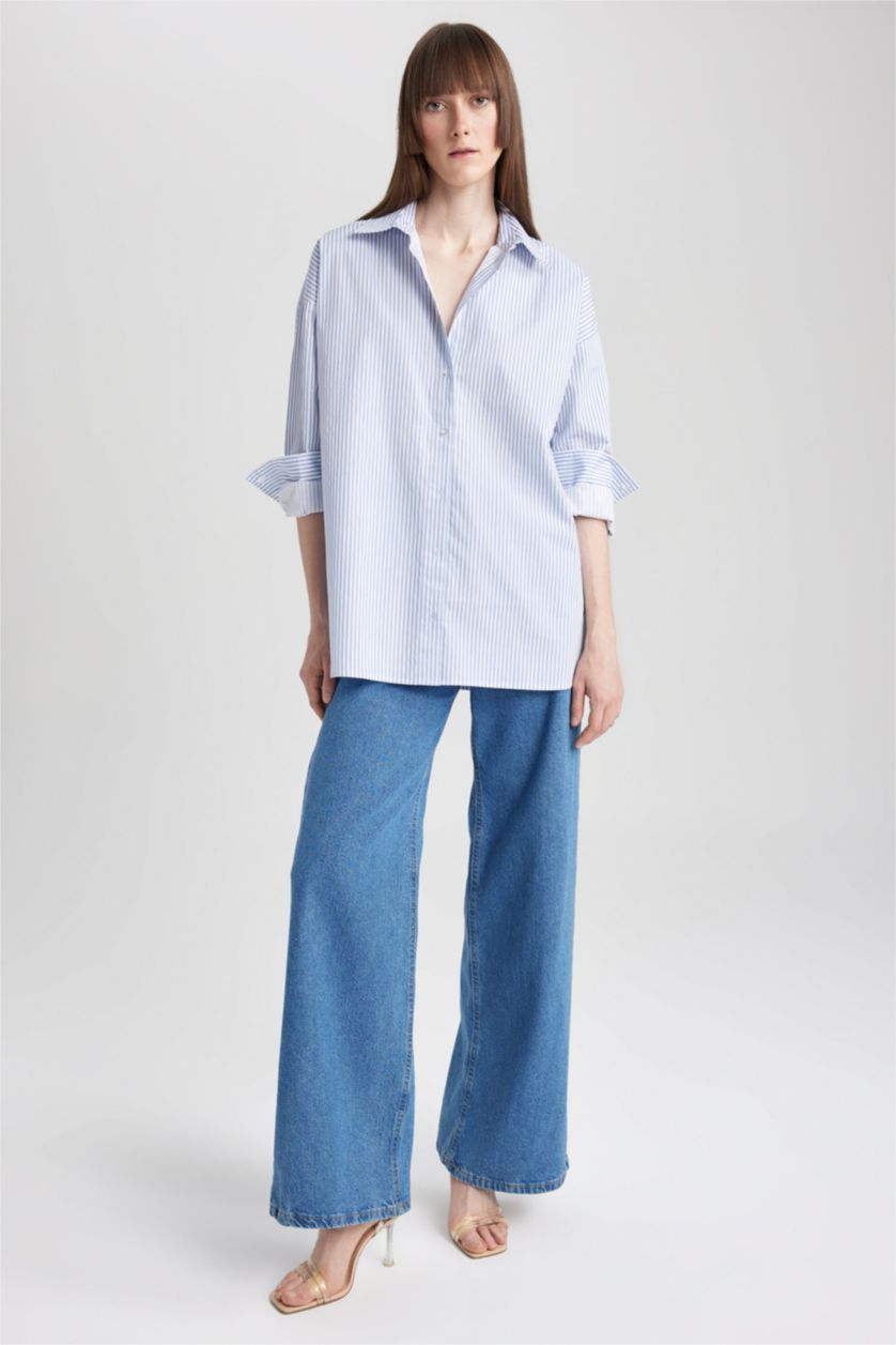 FEMME Bleu Tunique Oversize en Popeline à Col de Chemise et à Manches Longues