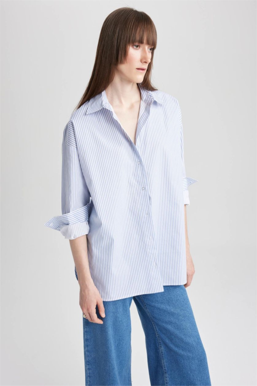 FEMME Bleu Tunique Oversize en Popeline à Col de Chemise et à Manches Longues