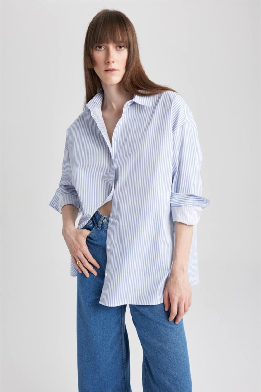 FEMME Bleu Tunique Oversize en Popeline à Col de Chemise et à Manches Longues