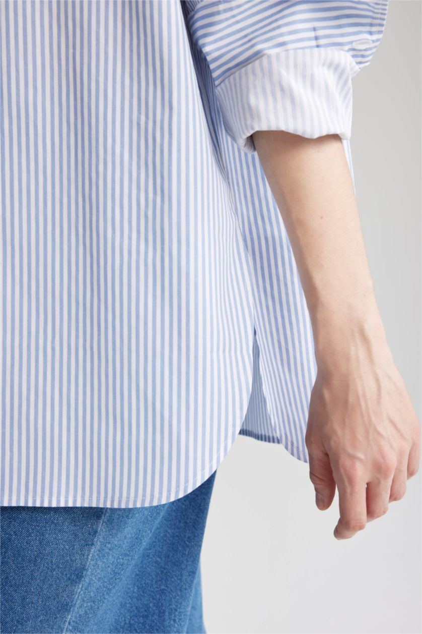 FEMME Bleu Tunique Oversize en Popeline à Col de Chemise et à Manches Longues