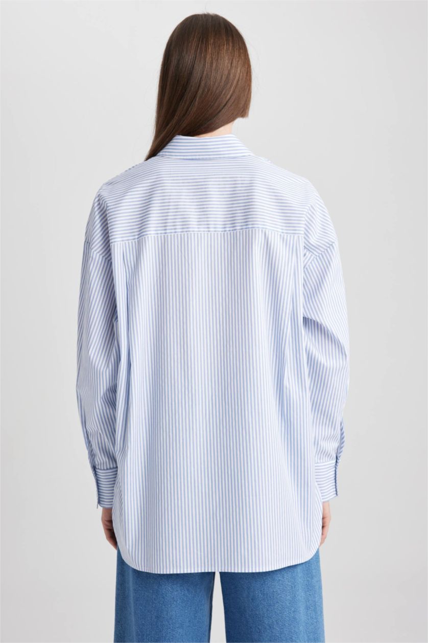 FEMME Bleu Tunique Oversize en Popeline à Col de Chemise et à Manches Longues