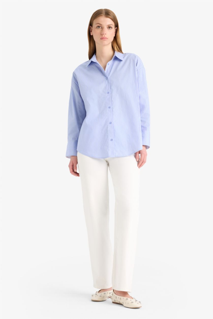 Женщины Светло-синий Рубашка Oversize с длинными рукавами