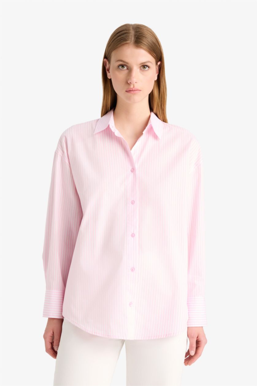 نساء زهري فاتح Oversize Fit Poplin Long Sleeve Shirt