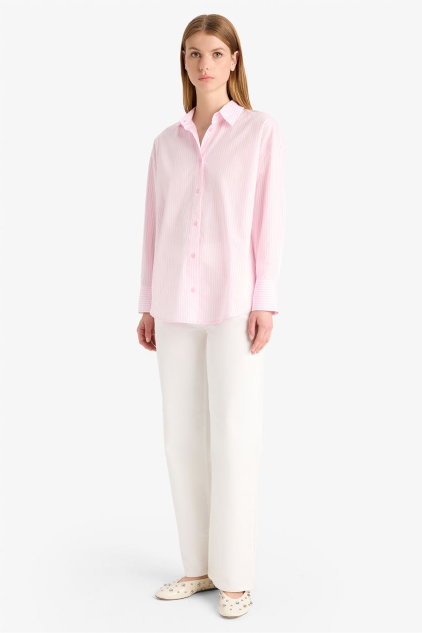 نساء زهري فاتح Oversize Fit Poplin Long Sleeve Shirt