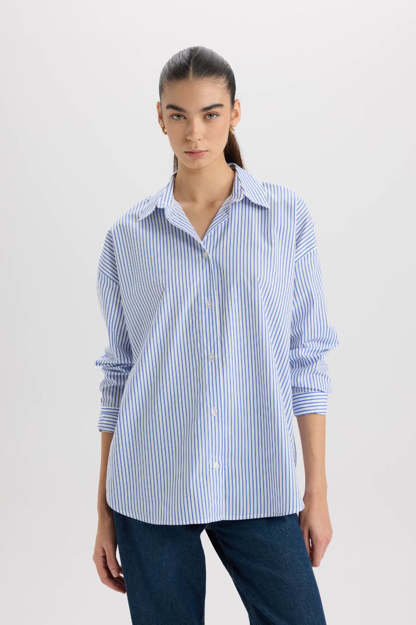 Woman Blue Oversize Fit Shirt Collar Poplin Long Sleeve Shirt