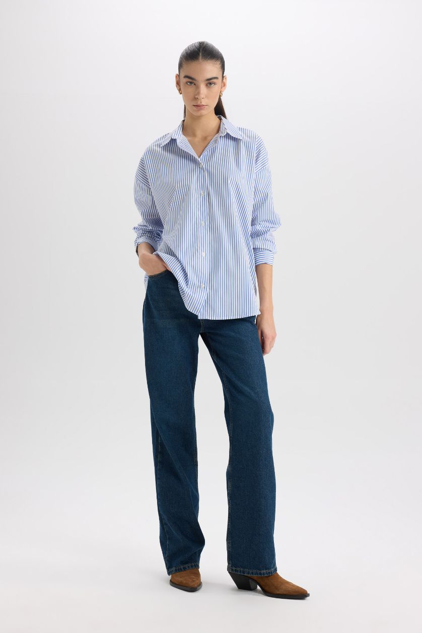 Woman Blue Oversize Fit Shirt Collar Poplin Long Sleeve Shirt