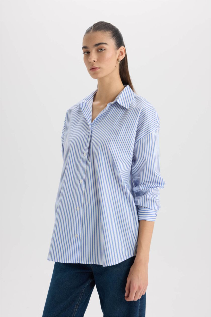 Woman Blue Oversize Fit Shirt Collar Poplin Long Sleeve Shirt