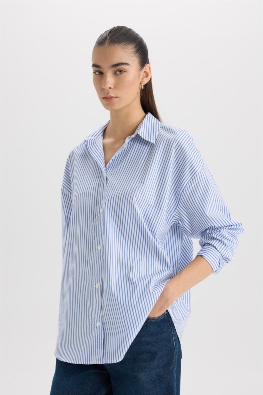 Woman Blue Oversize Fit Shirt Collar Poplin Long Sleeve Shirt
