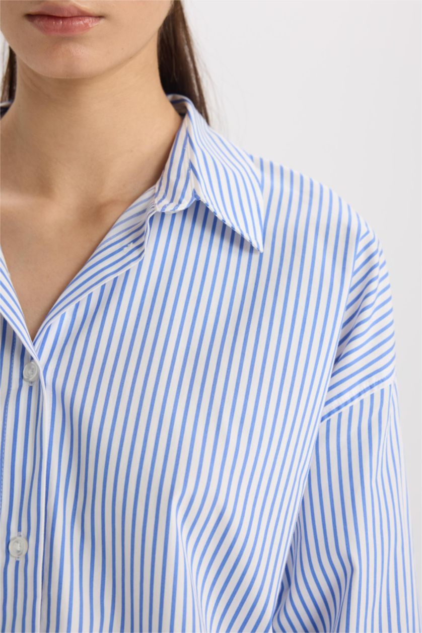 Woman Blue Oversize Fit Shirt Collar Poplin Long Sleeve Shirt