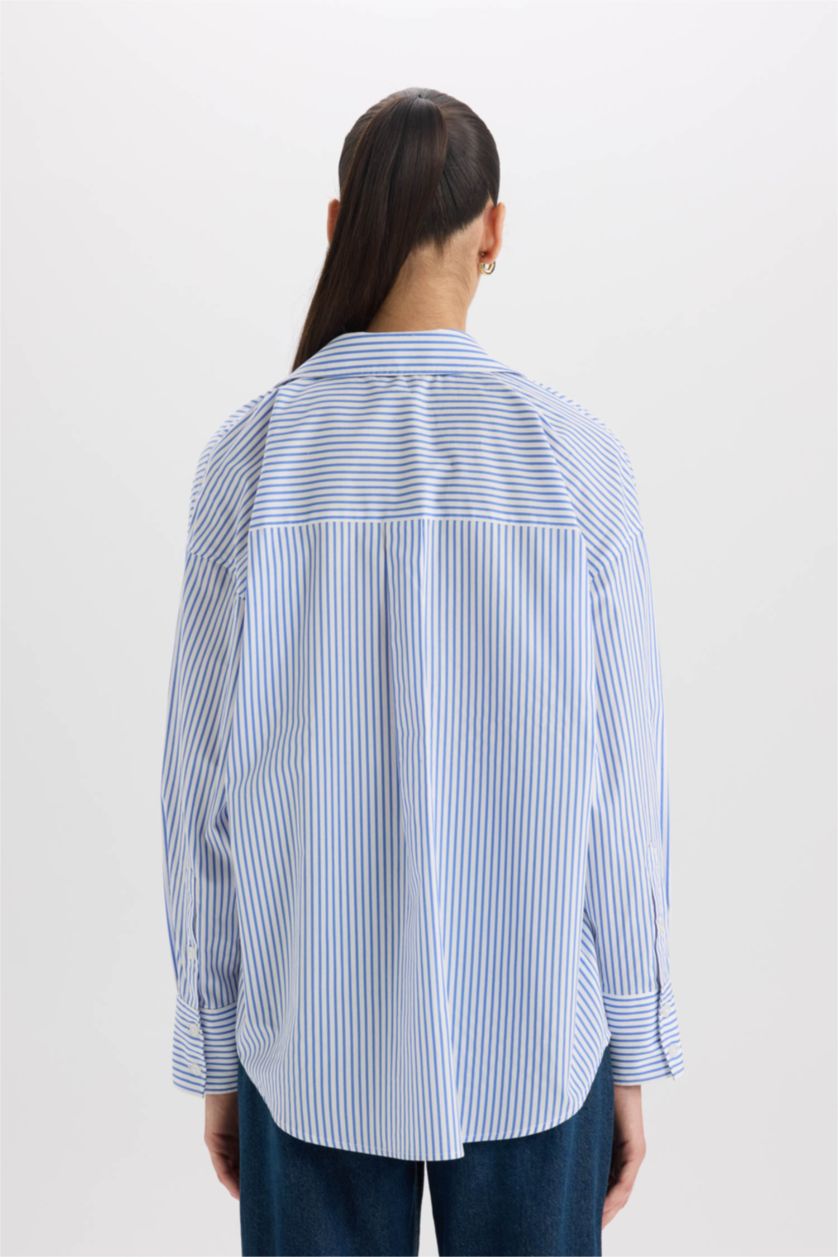 Woman Blue Oversize Fit Shirt Collar Poplin Long Sleeve Shirt