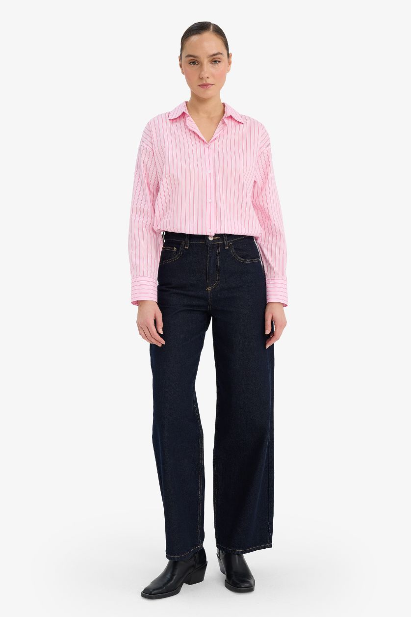 Woman Light Pink Oversize Fit Shirt Collar Poplin Long Sleeve Shirt