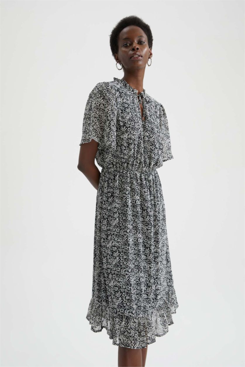 Woman Black Chiffon Midi Dress