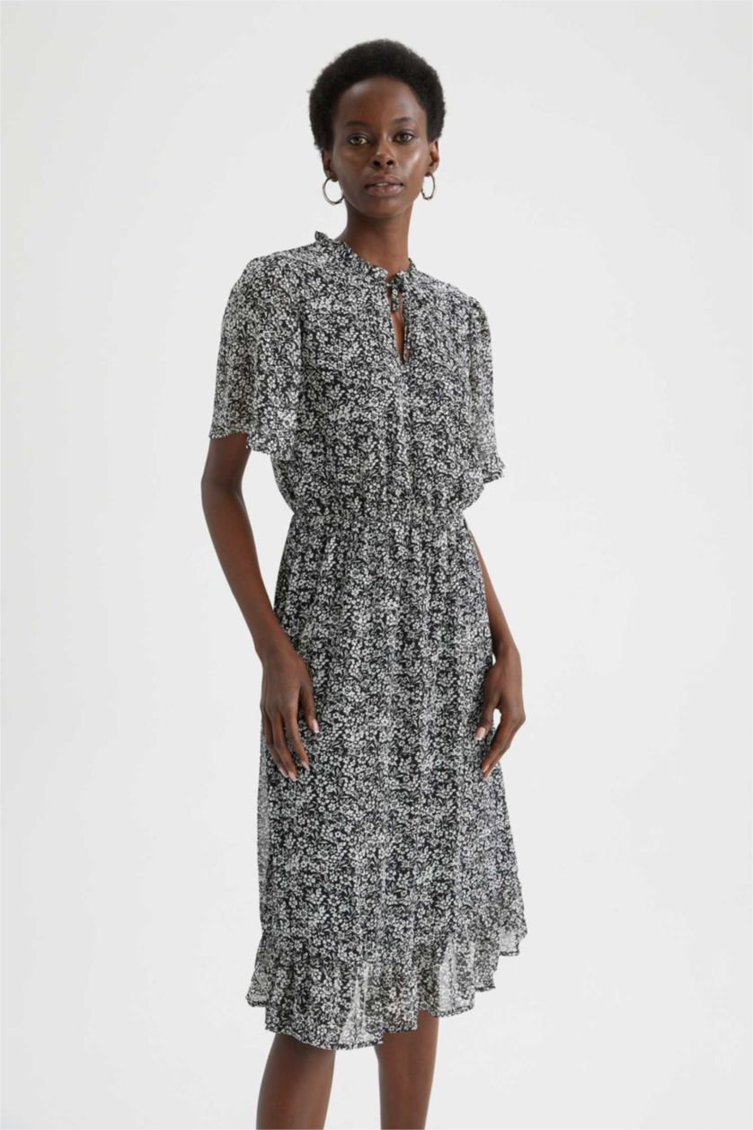 Woman Black Chiffon Midi Dress