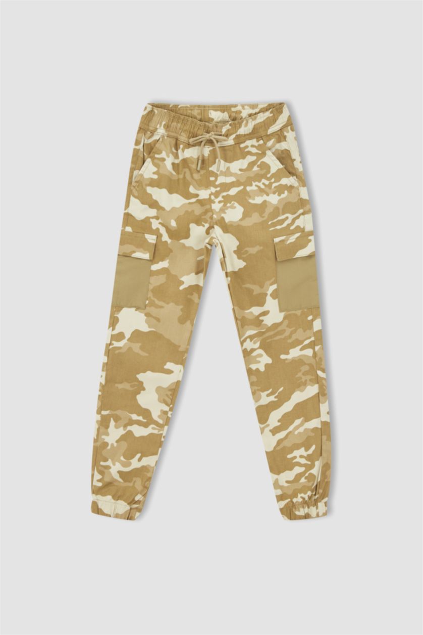 Erkek Çocuk - Genç Erkek Bej Erkek Çocuk Kamuflaj Desenli Kargo Cepli Gabardin Jogger Pantolon