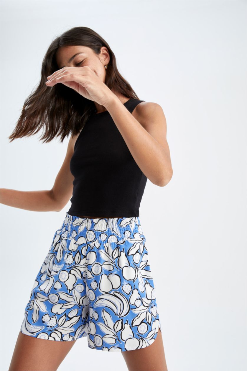 WOMAN Blue Relax Fit Viscose Printed Normal Waist Shorts