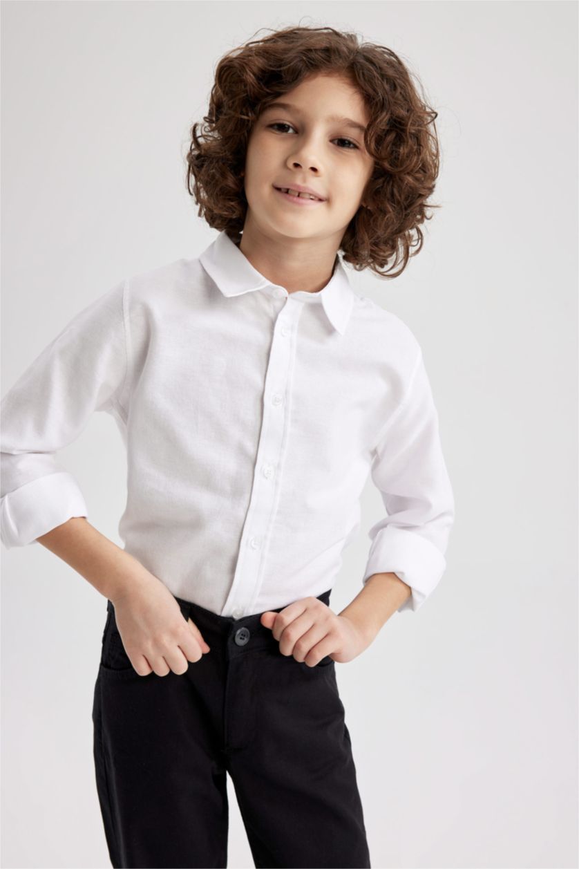 BOYS & TEENS White قميص كم طويل أوكسفورد قصة عادية