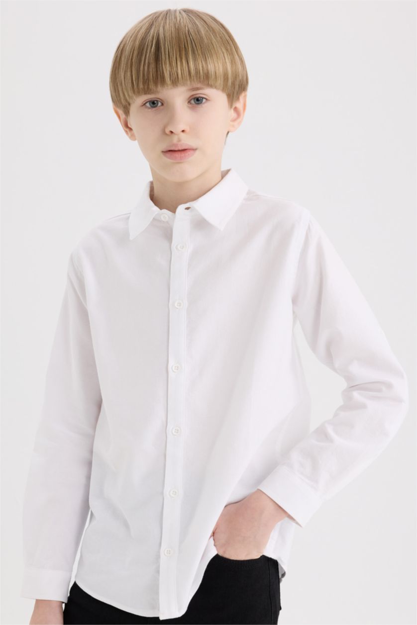 BOYS & TEENS White Boy Polo Neck Oxford Long Sleeve Shirt
