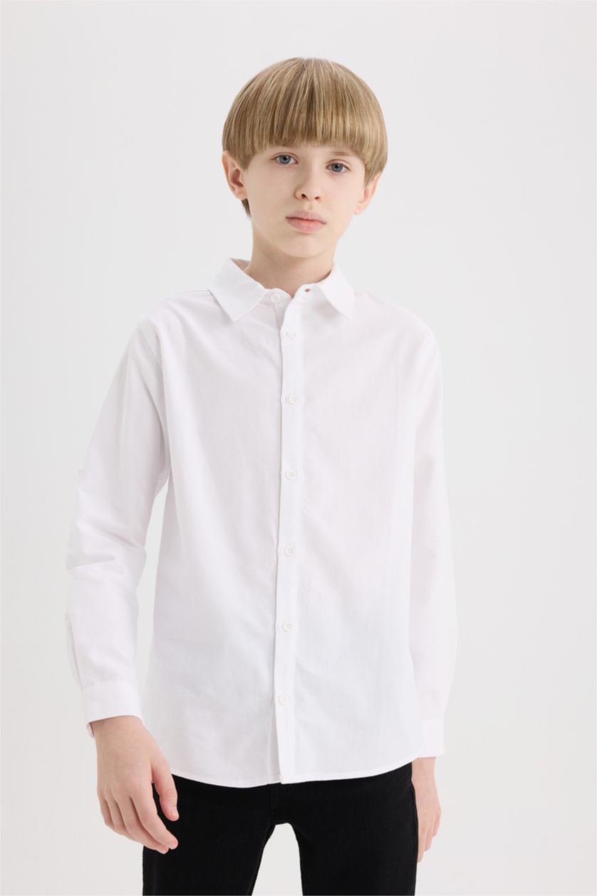 BOYS & TEENS White Boy Polo Neck Oxford Long Sleeve Shirt